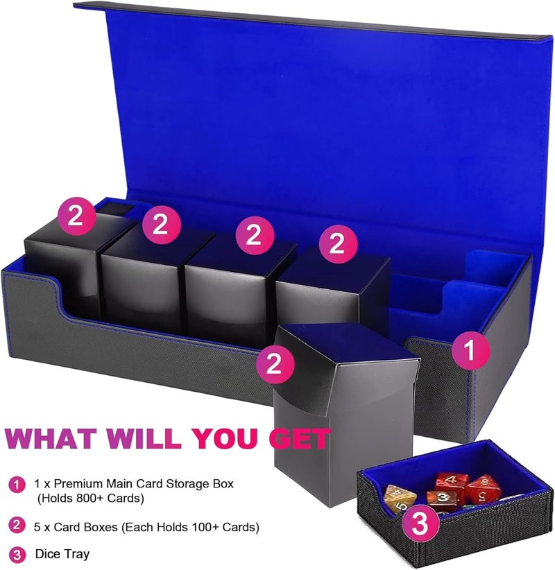 Scimi MTG Card Storage Box - Includes 5 Small Deck Boxes, Holds 1800+ Sleeved Cards, Comes with Playmat Case and Strong Magnetic Closure ((800+ Includes 5 - Black & Blue) - Image 3